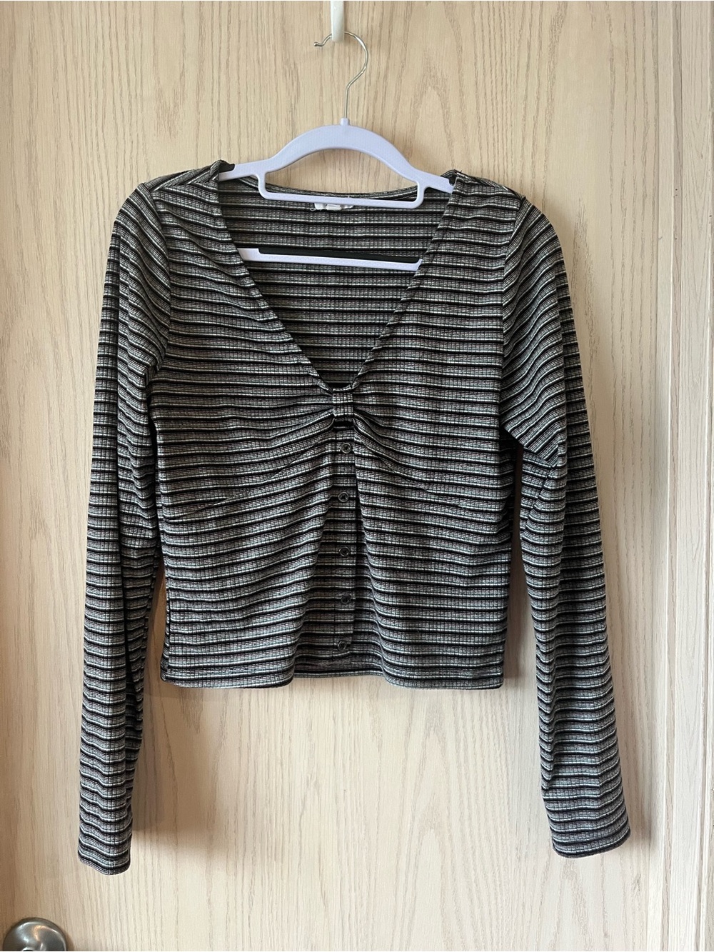 Ardene Striped Button V Neck Long Sleeve Top